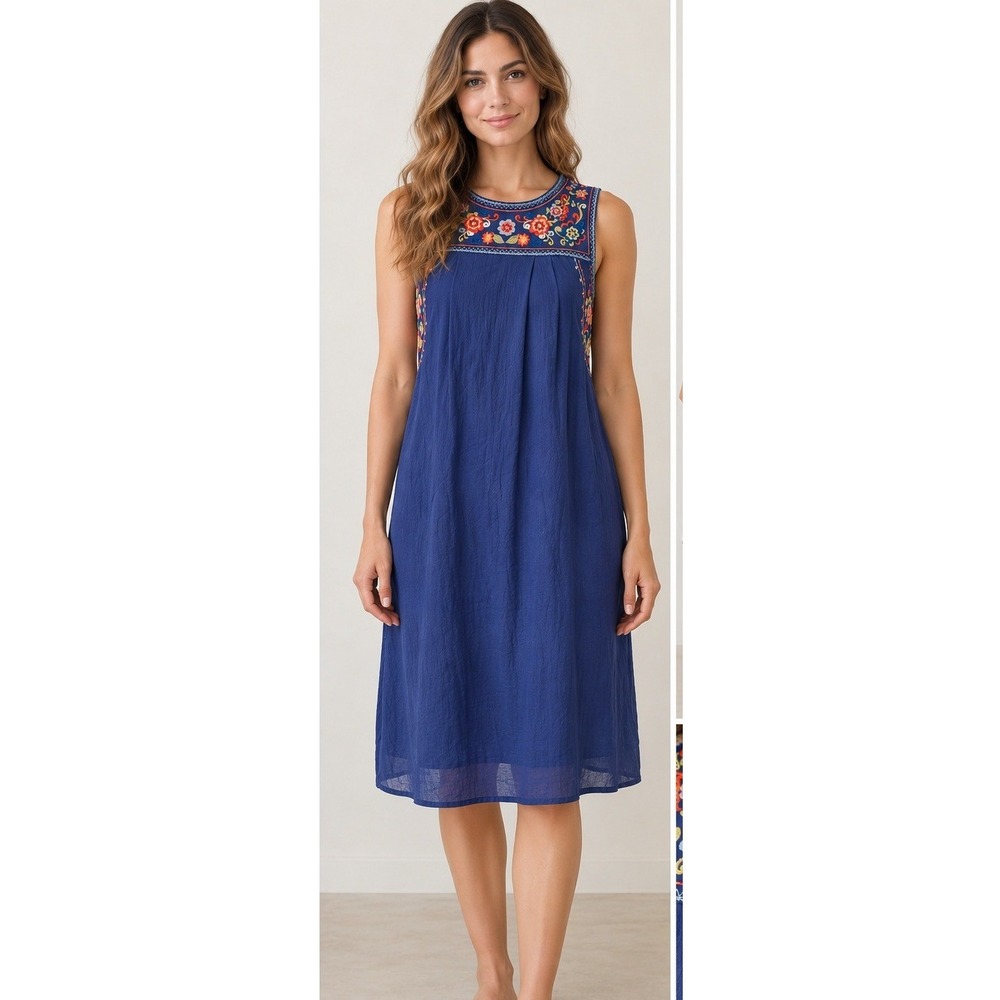 En Creme Blue Embroidered Sleeveless Shift Dress Boho Floral Rayon Mini Dress